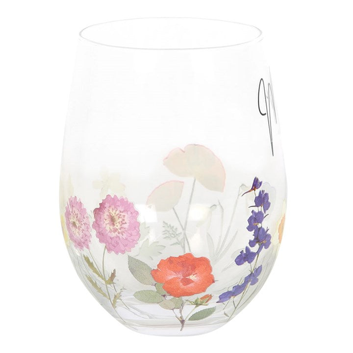 Mum Wildflower Stemless Glass featuring vibrant floral designs, perfect for summer sips in the garden.