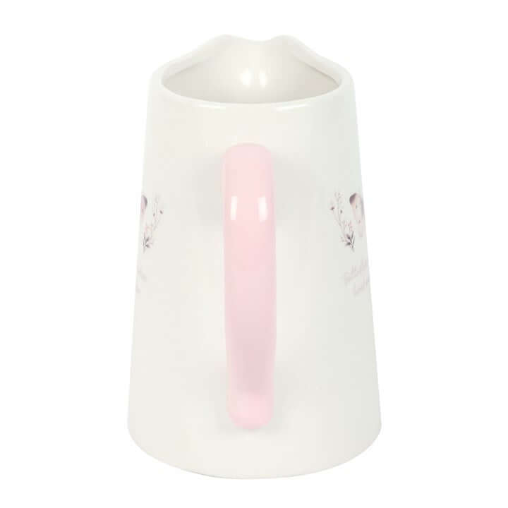 White Butterfly Print Ceramic Flower Jug With Heartfelt Message, featuring a pink handle and butterfly design.