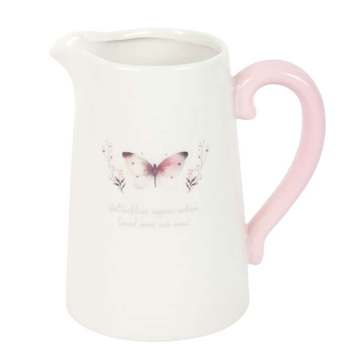 White Butterfly Print Ceramic Flower Jug With Heartfelt Message - Delicate design with pink handle and inspiring quote.