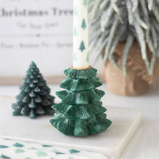Green Fir Tree Candle Holder with Taper Candle - Unscented, a festive centrepiece for Christmas tablescapes.