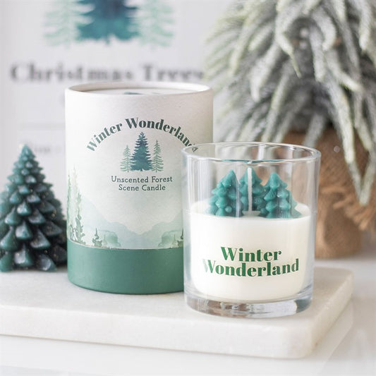 Winter Wonderland Candle with Tree Scene in glass holder; unscented, 17-hour burn.