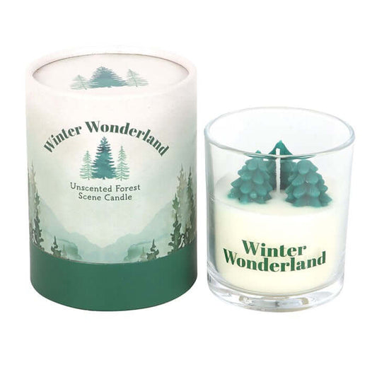 Winter Wonderland Candle with Tree Scene, unscented in a glass holder with teal trees, packaging shows forest artwork.