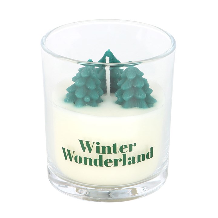 Winter Wonderland Candle with Tree Scene in a clear glass holder, unscented paraffin with teal trees on top.