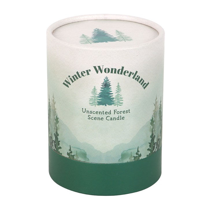Winter Wonderland Candle with Tree Scene, unscented paraffin candle in a forest design, 9x8x8 cm.