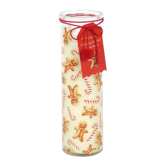 Candy Cane Warm Gingerbread Tube Candle features festive gingerbread and candy cane designs for a cosy holiday atmosphere.