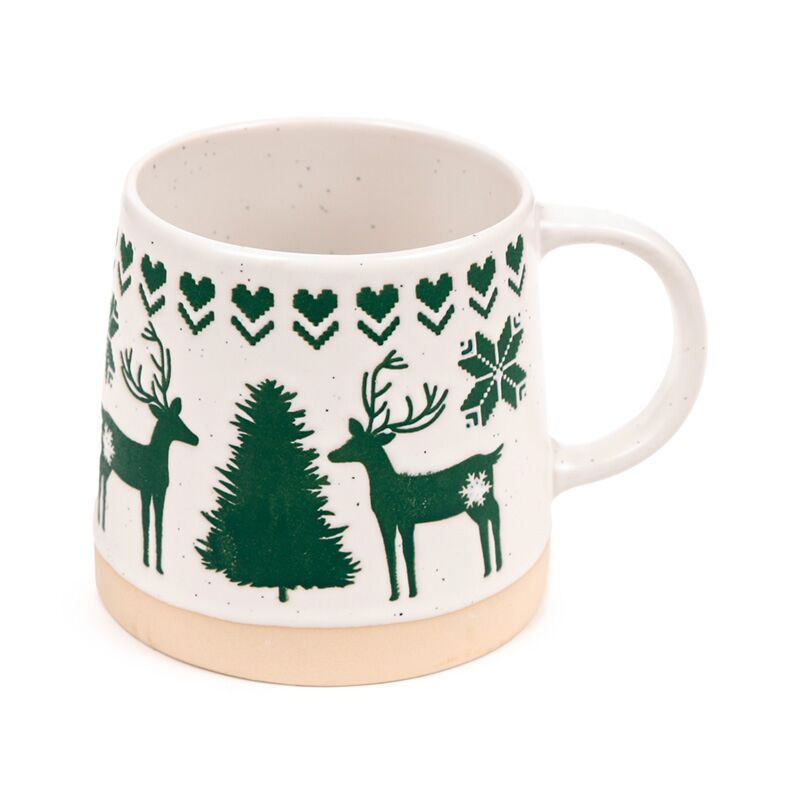 Stoneware mug Green Reindeer with Christmas tree and reindeer silhouettes on speckled white glaze beige base.