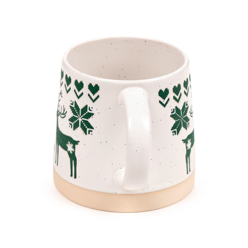 Stoneware mug featuring green reindeer and snowflake motifs on a white speckled glaze with a beige base.