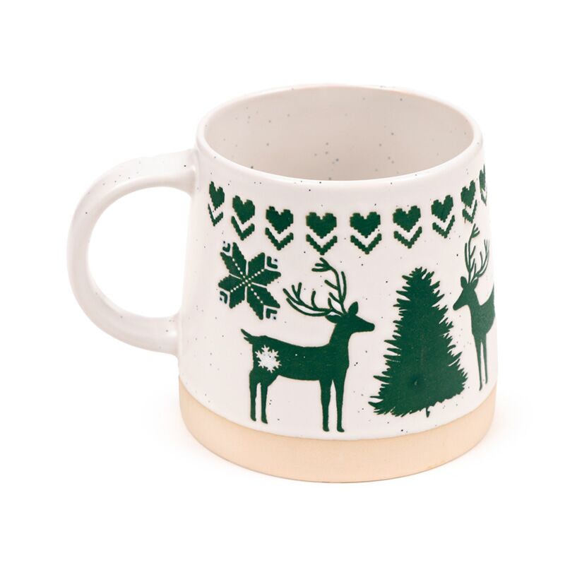 Stoneware mug with green reindeer, Christmas tree and heart border on speckled cream with a beige base.