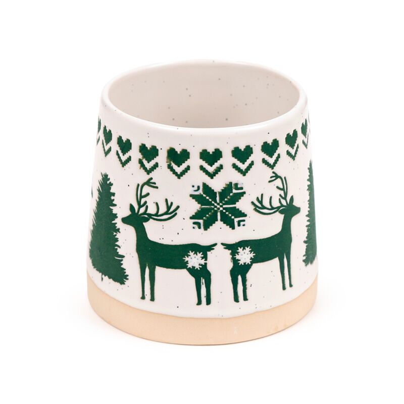 Stoneware mug in white with green reindeer and festive motifs, beige base.