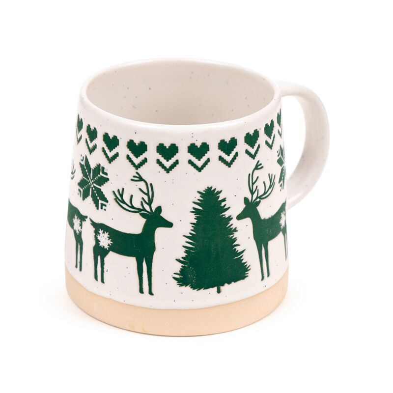 Stoneware mug with green reindeer motif, Christmas tree and heart patterns on speckled white with a beige base.