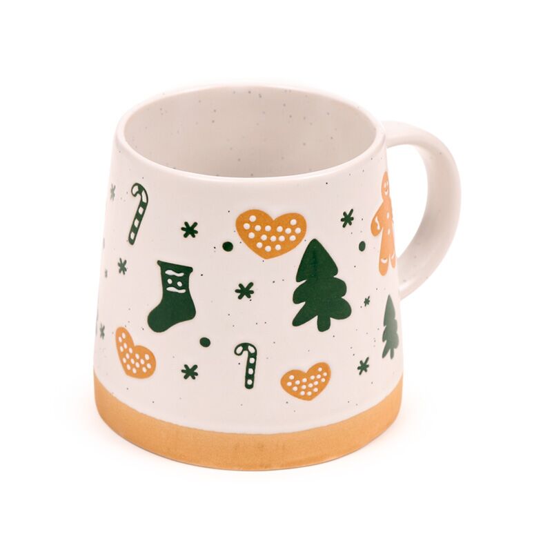 Stoneware mug with festive gingerbread motifs, candy canes, trees and hearts, plus an orange base.