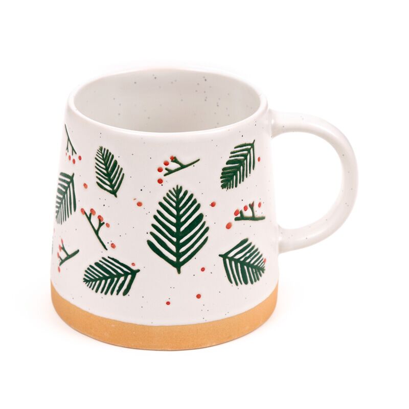 Stoneware mug - Pine Sprigs & Berries, white speckled glaze with pine sprigs, red berries and tan base.