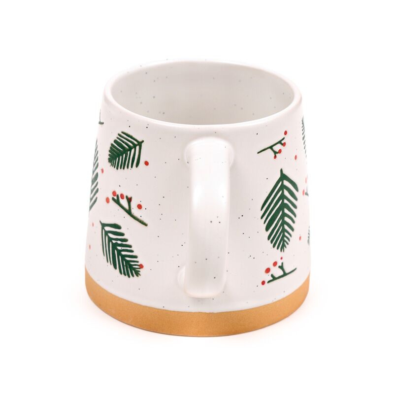 Stoneware mug with Pine Sprigs & Berries pattern, white speckled glaze and copper base.