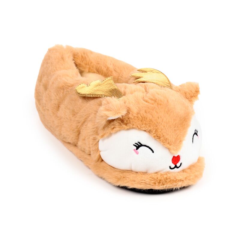 Plush slippers shaped like a Christmas reindeer with a cute face and golden antlers, cosy festive lounging.