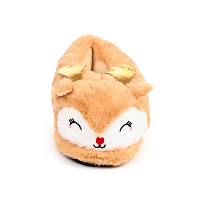 Plush slippers shaped as Jingle Bunch Christmas Reindeer, cosy tan with white face, red nose and golden horns.