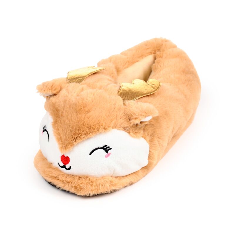 Plush slippers shaped as Jingle Bunch Christmas Reindeer with golden antlers, cosy brown fur and smiling white face.