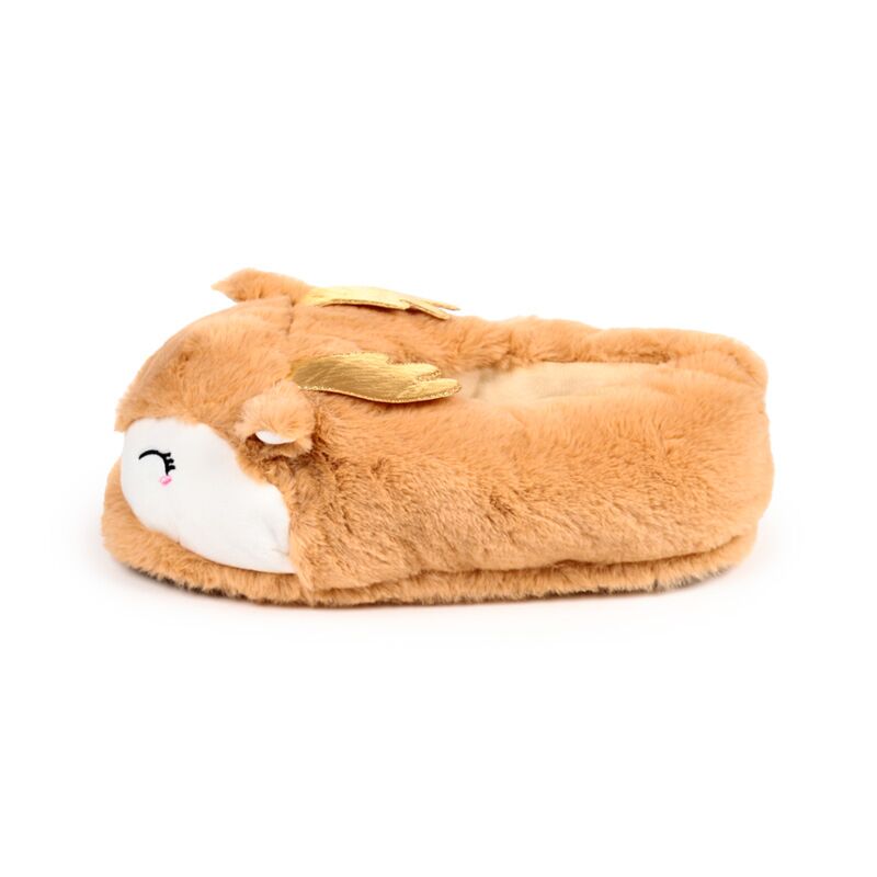 Plush Slippers - Jingle Bunch Christmas Reindeer with golden antlers, cosy brown feet warmer.