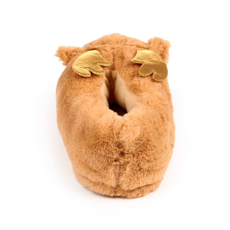 Brown plush Jingle Bunch Christmas Reindeer slippers with gold antler-shaped accents for cosy nights.