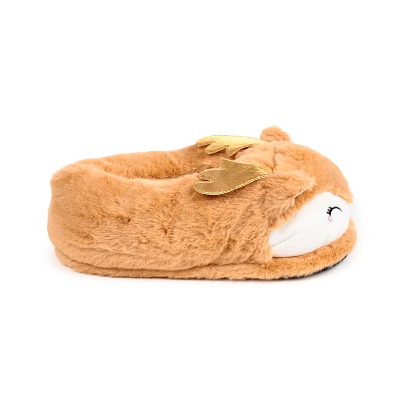 Jingle Bunch Christmas Reindeer plush slippers, cosy orange-brown with white face, pink cheeks and gold antler accents.