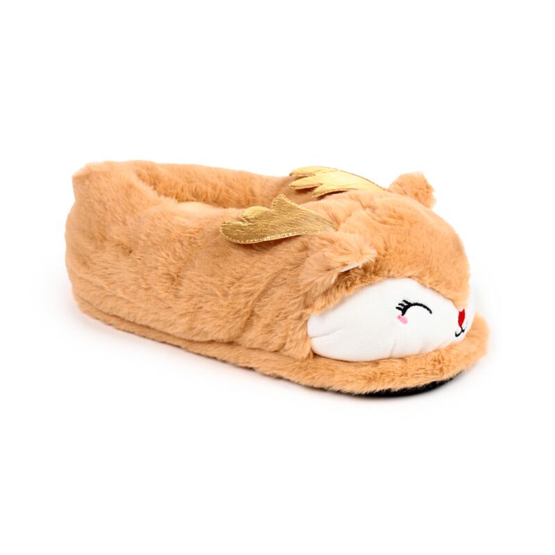 Plush slippers shaped like a Christmas reindeer, cosy brown with white face, red nose and gold antlers.