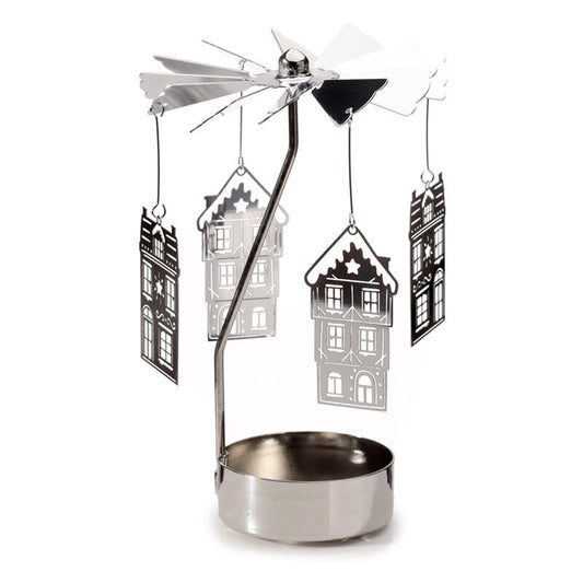 Spinning Tea Light Carousel Candle Holder - Christmas Baker Street, with hanging metal houses on a rotating top.