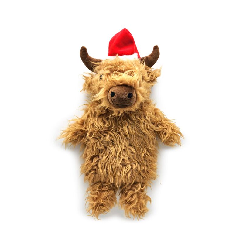 Highland Coo plush with Santa hat, festive 1L hot water bottle cover