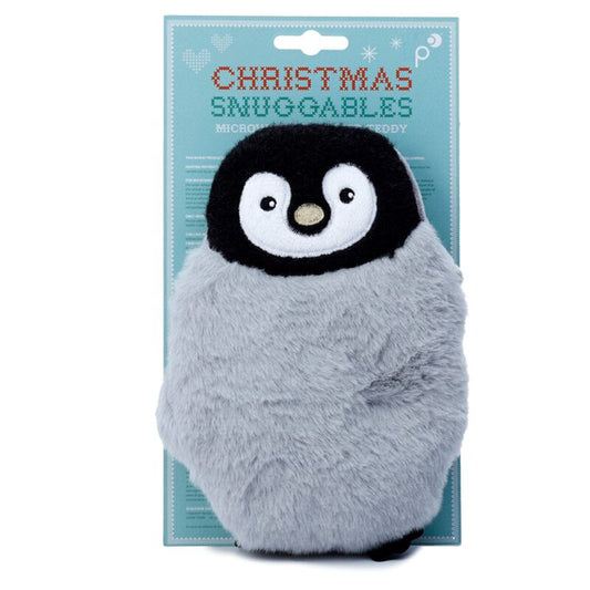 Microwavable plush lavender heat pack in penguin shape, fluffy grey body with black head and white face.