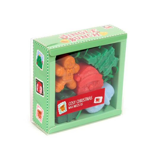 Handmade wax melt set of 5, Cosy Christmas Jingle Bunch, in festive green box.