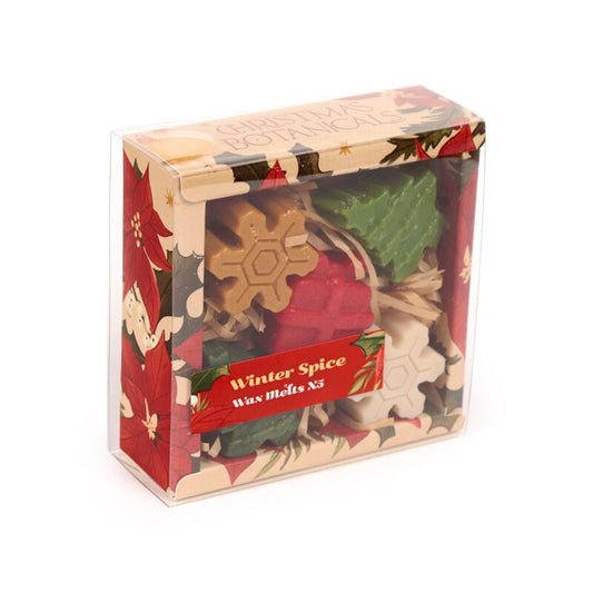 Handmade wax melt set of five in festive Winter Spice Christmas Botanicals, shown in a clear gift box.