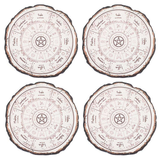 Wheel of the Year Coaster Set featuring rustic wood slice designs, perfect for spiritual homes and seasonal decor.