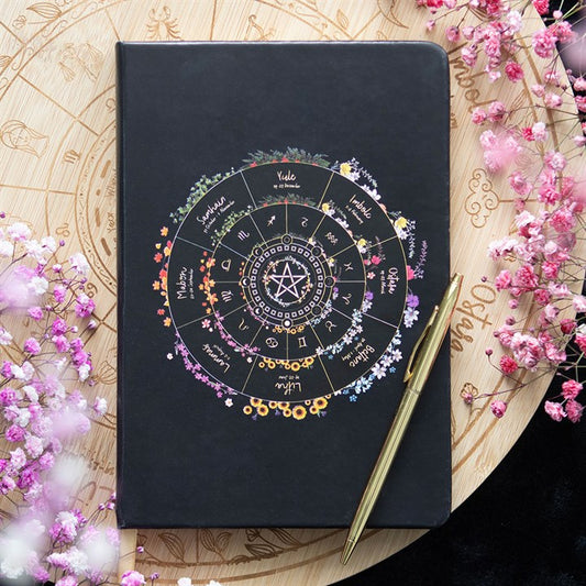 Stylish Wheel of the Year A5 Notebook, perfect for tracking seasonal reflections and rituals. Ideal for journaling.