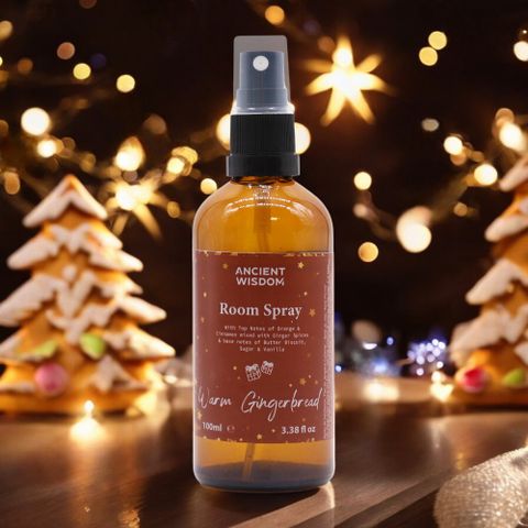Warm Gingerbread Room Spray 100ml by Ancient Wisdom, perfect for filling your space with a cosy, festive aroma.