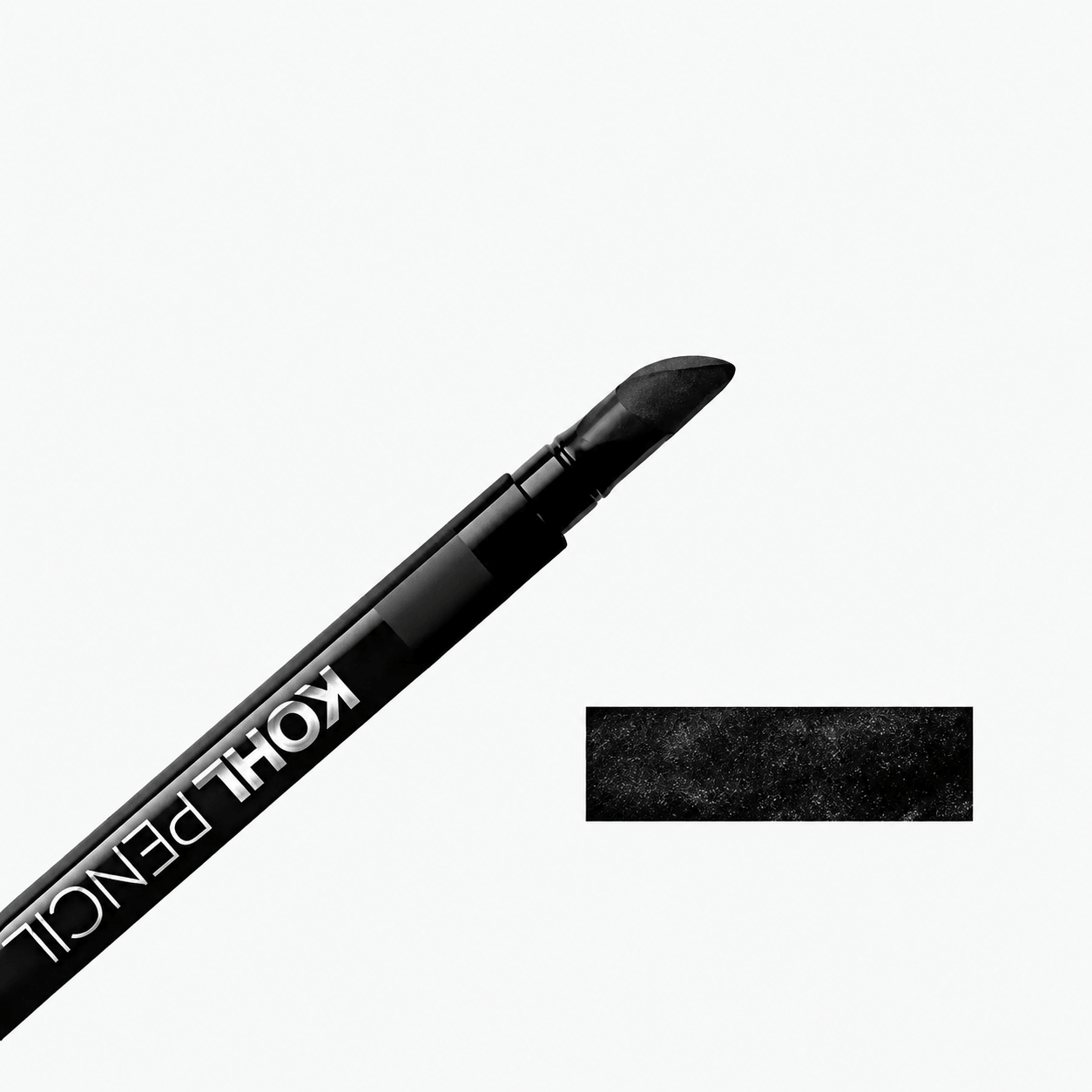 A black Kohl Pencil cosmetic pencil shown diagonally on a light gray background, with a rectangular black swatch of the product shade displayed to the right.