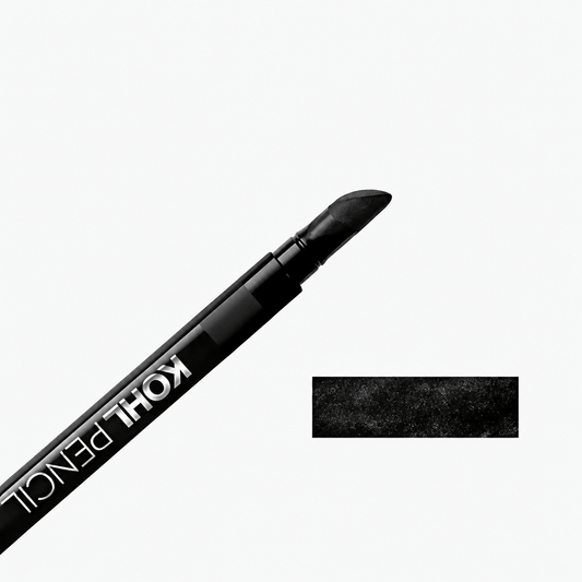 A black Kohl Pencil cosmetic pencil shown diagonally on a light gray background, with a rectangular black swatch of the product shade displayed to the right.