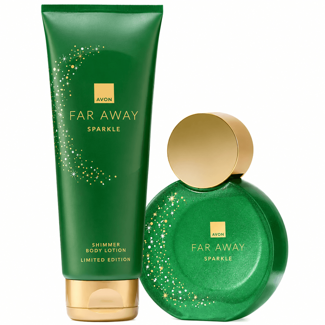 Avon Far Away Sparkle limited edition body lotion and matching perfume bottle set, featuring a dark green squeeze tube and a round green bottle with gold caps and gold glitter accents, on a white background.