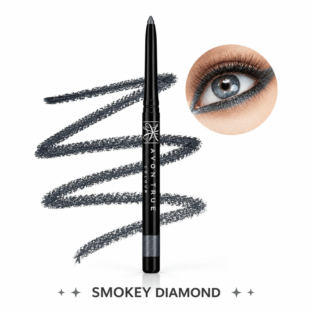 Avon True eyeshadow pencil in the shade Smokey Diamond, shown with a black swatch and a circular inset of an eye wearing the dark gray smoky eyeshadow.