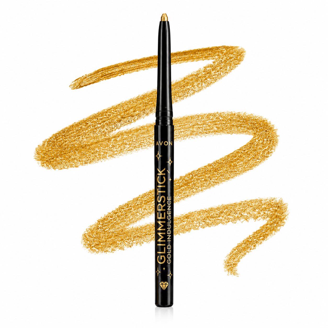 A black Avlon Glimmerstick eyeliner pencil with a gold tip, shown vertically in front of a textured gold makeup swatch on a white background.