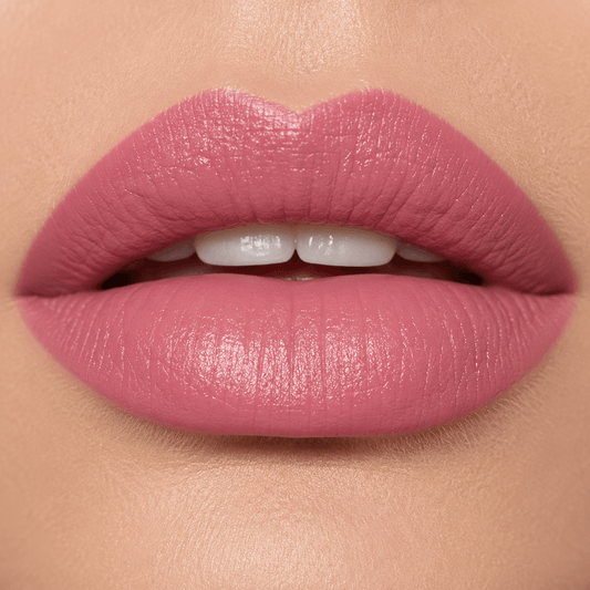 Close-up of a person's lips wearing a matte dusty rose pink lipstick, showing the texture and color of the makeup on the skin.