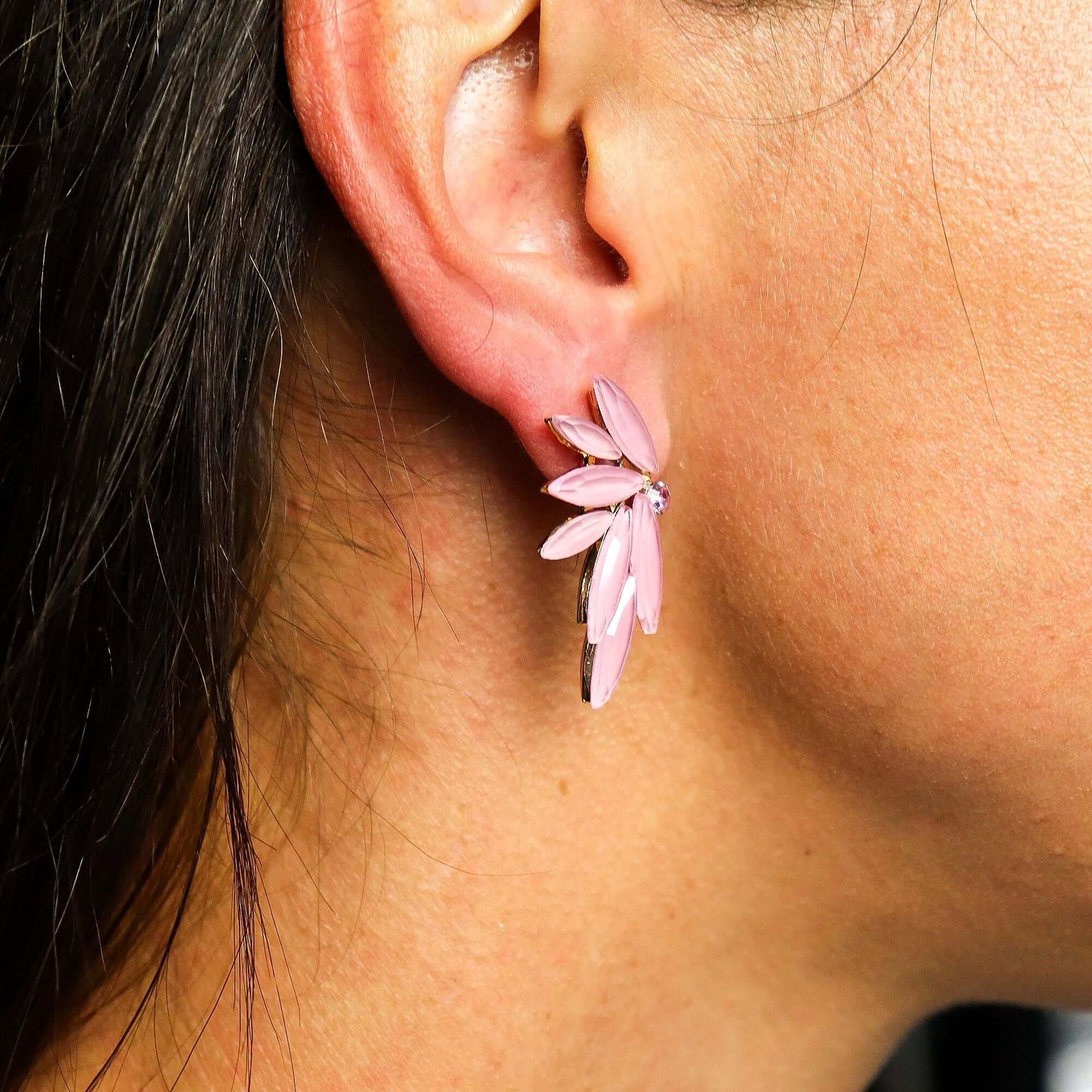 Soft Pink vintage glass fairy earrings with leaf-shaped petals in stainless steel.
