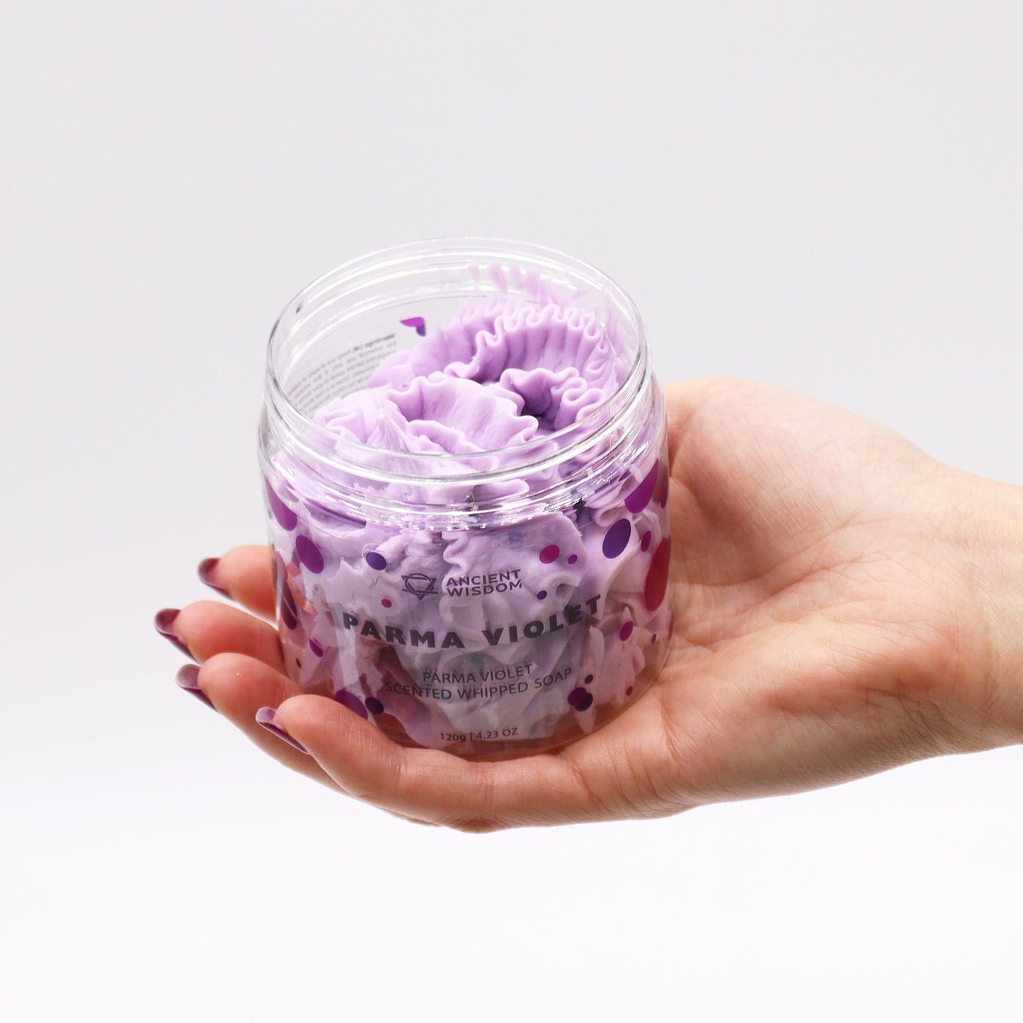 Parma Violet whipped soap 120g in a clear jar with purple ruffled soap, Parma Violet scent, vegan and cruelty-free.