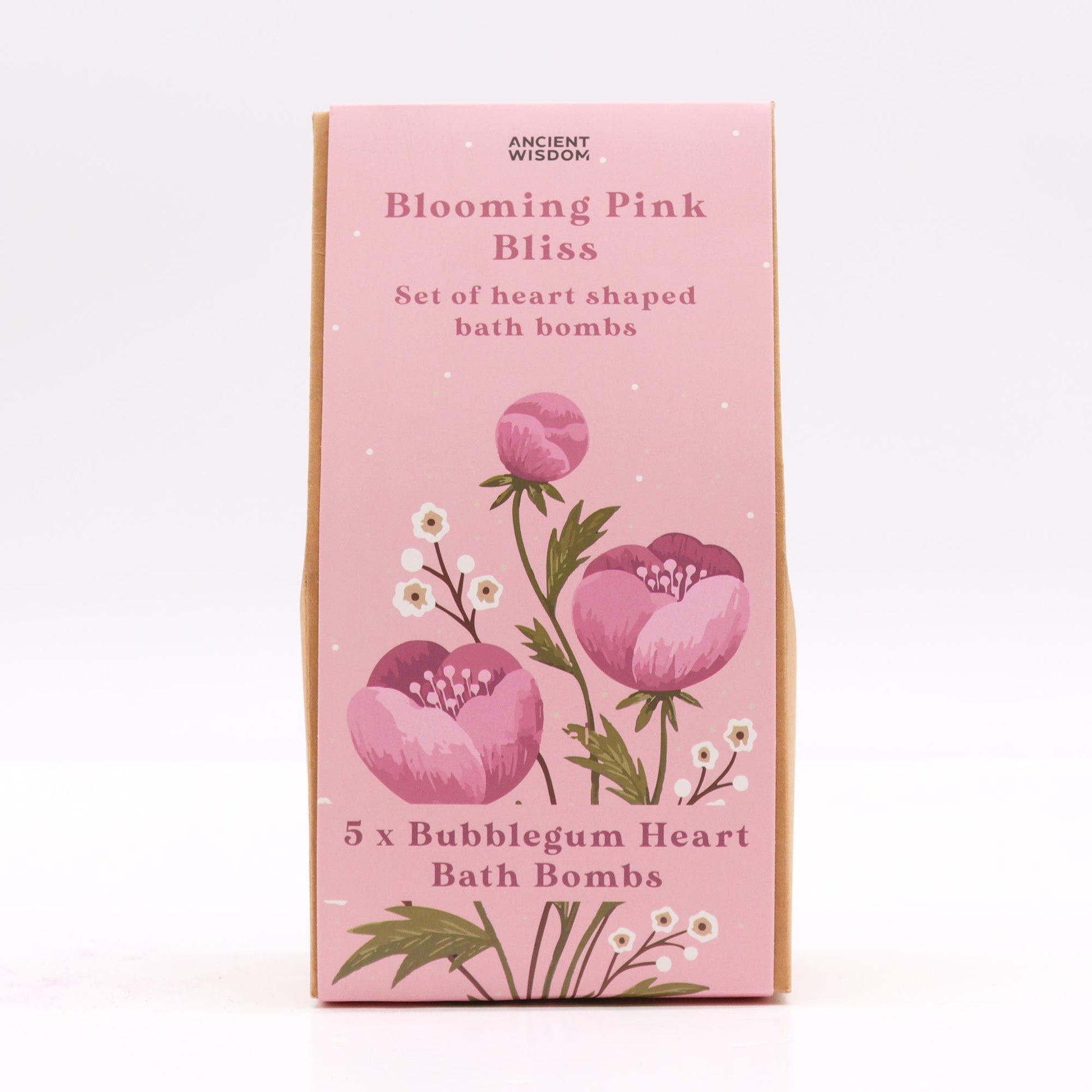 Ancient Wisdom Blooming Pink Bliss Bath Heart Gift Set - pink box of 5 bubblegum heart bath bombs with floral design