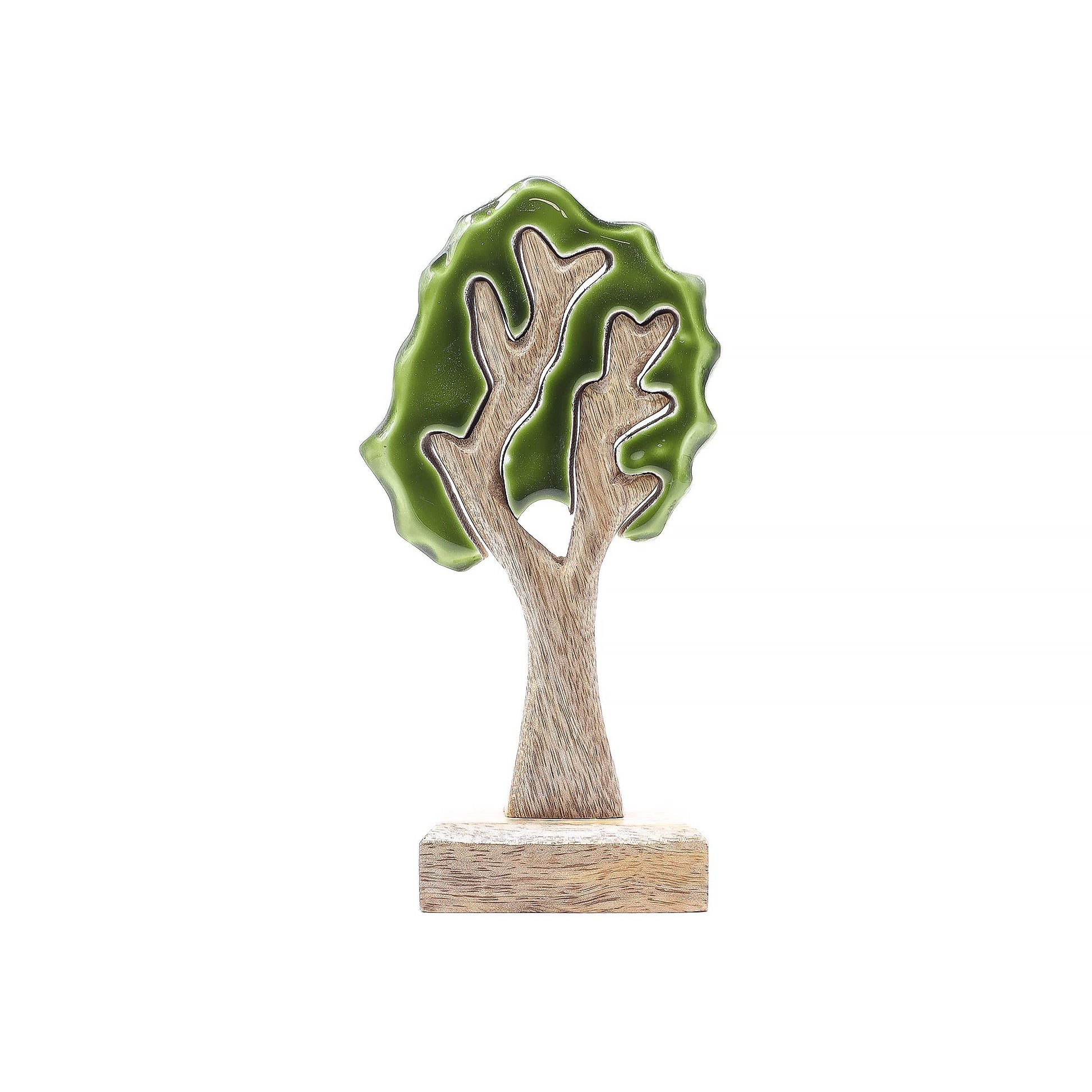 Lost in the Forrest 3D wooden tree ornament, mango wood trunk with glossy green enamel leaves, 20x10cm base.