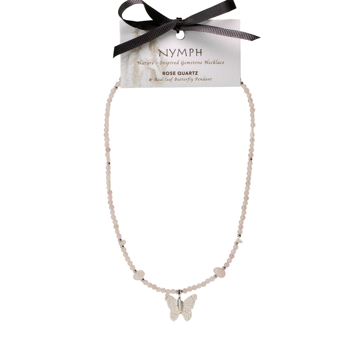 Rose Quartz Gemstone Necklace with Real Leaf Butterfly Pendant