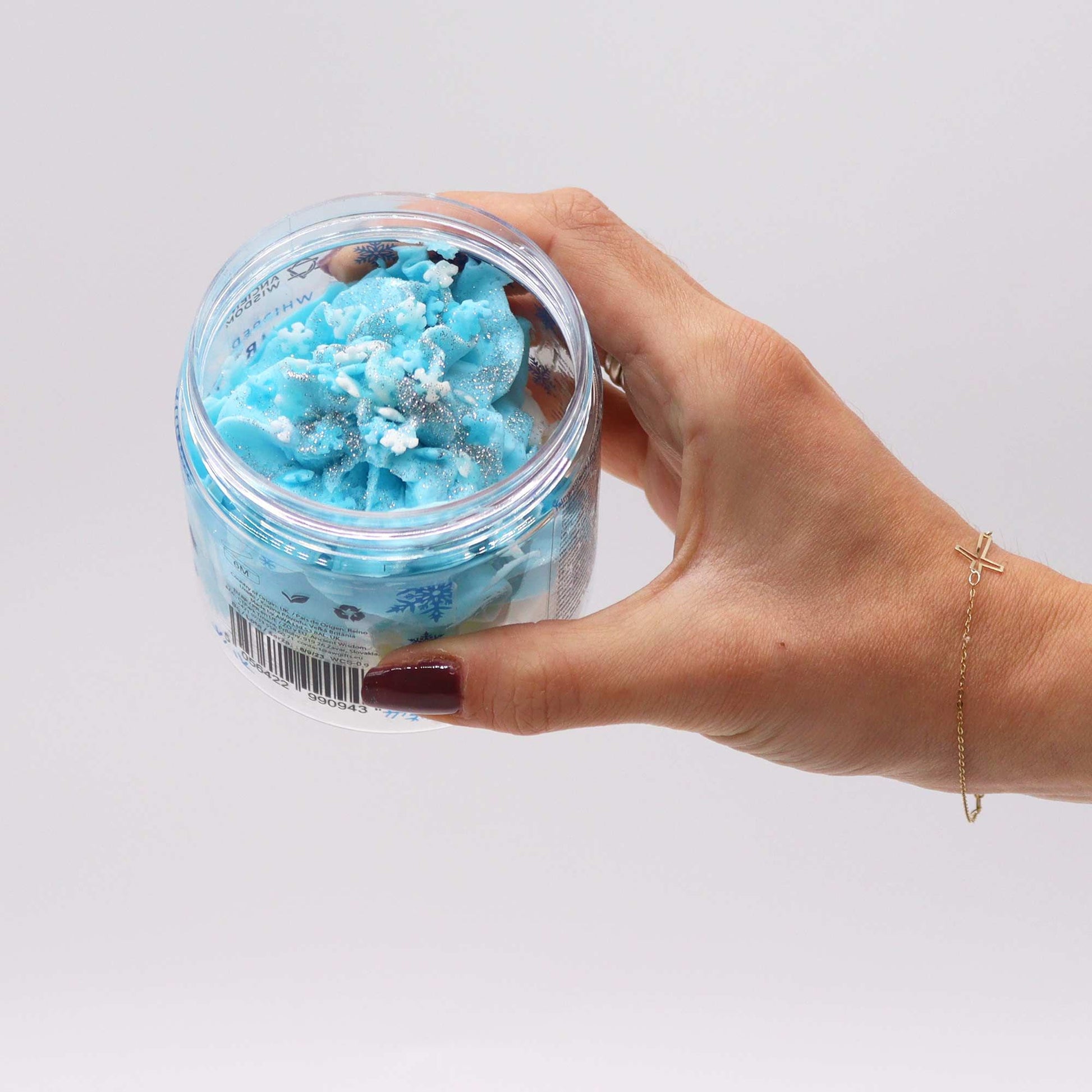 White Christmas Whipped Soap 120g, icy blue whipped soap in a clear jar with snowflake decor.