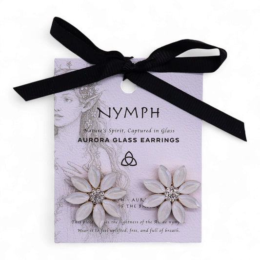 Pearl Vintage Glass Flower Earrings With Crystal Centre on a purple card with a ribbon, featuring delicate floral design.