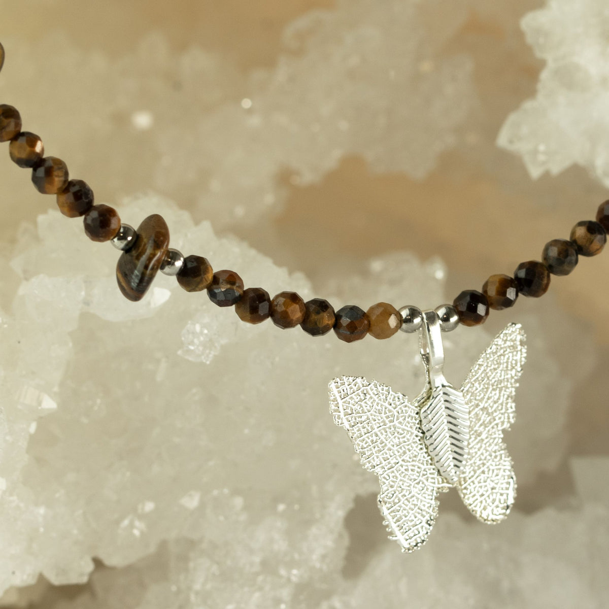 Tiger's Eye Gemstone Necklace with Real Leaf Butterfly Pendant
