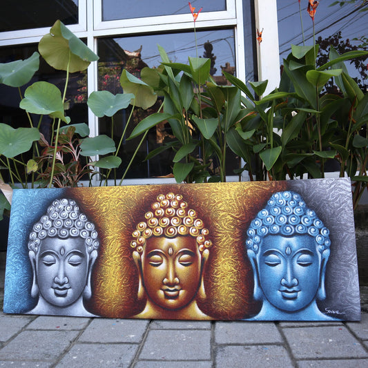 Buddha Painting - Three Heads Gold Detail: Three Buddha heads in gold, silver and blue by Balinese artisans