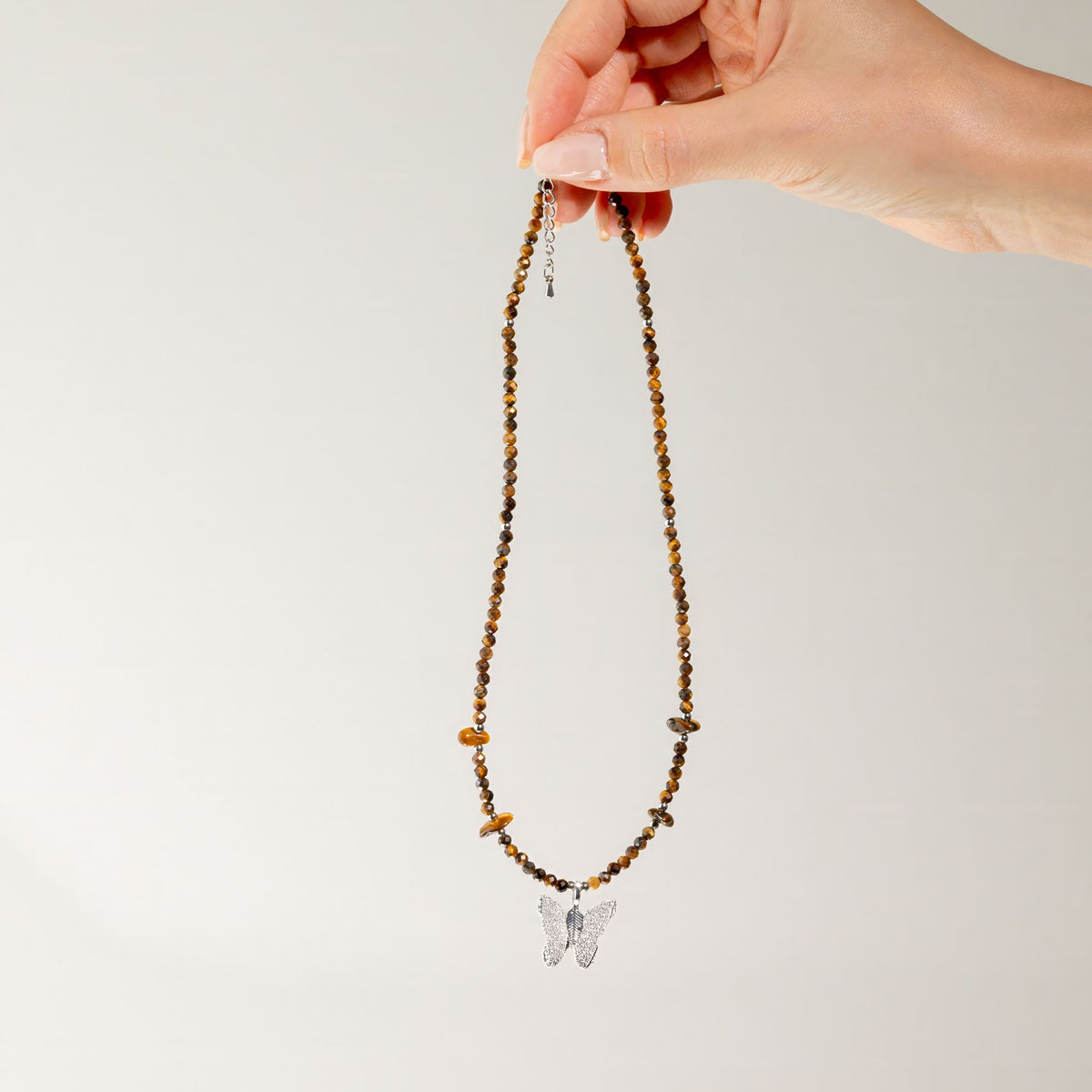 Tiger's Eye Gemstone Necklace with Real Leaf Butterfly Pendant