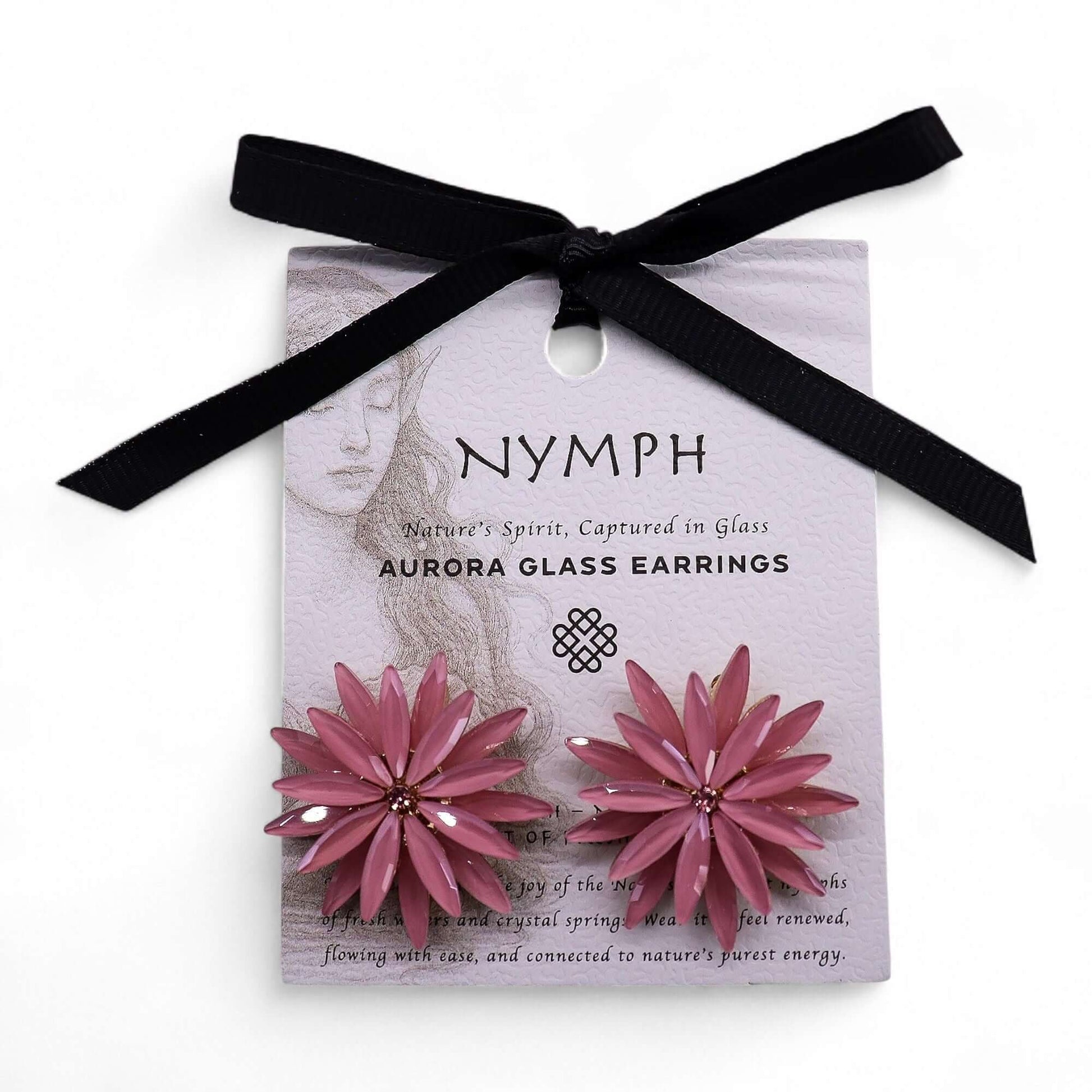 Soft pink vintage glass flower earrings with stainless steel posts on a lavender tag tied with a black ribbon.