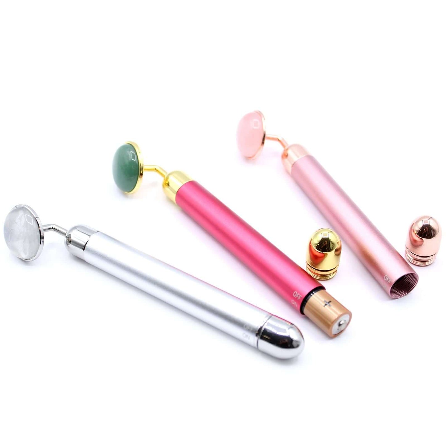 Gemstone Vibration Pad Jade Facial Massager With Gold Trim - Jade rollers in various colors for skincare.